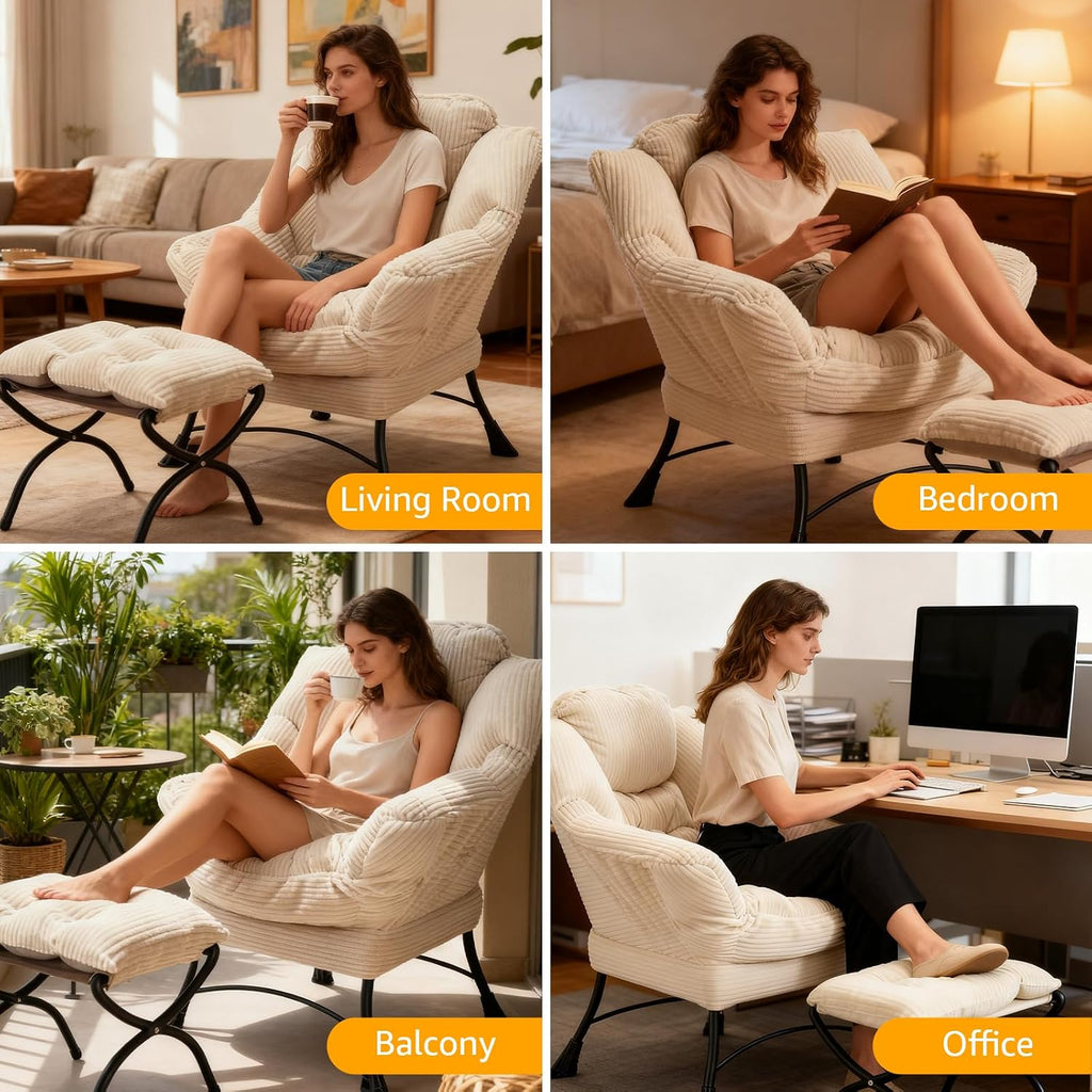 Lazy Chair with Ottoman, Modern Skinny Lounge Chair with Footrest