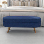 Oval Storage Ottoman Bench with Hidden Storage and Foam Padded Seat, Upholstered Entryway Footstool with Rubber Wood Legs, Decorative Bedroom End of Bed Accent Furniture for Living Room (Blue)