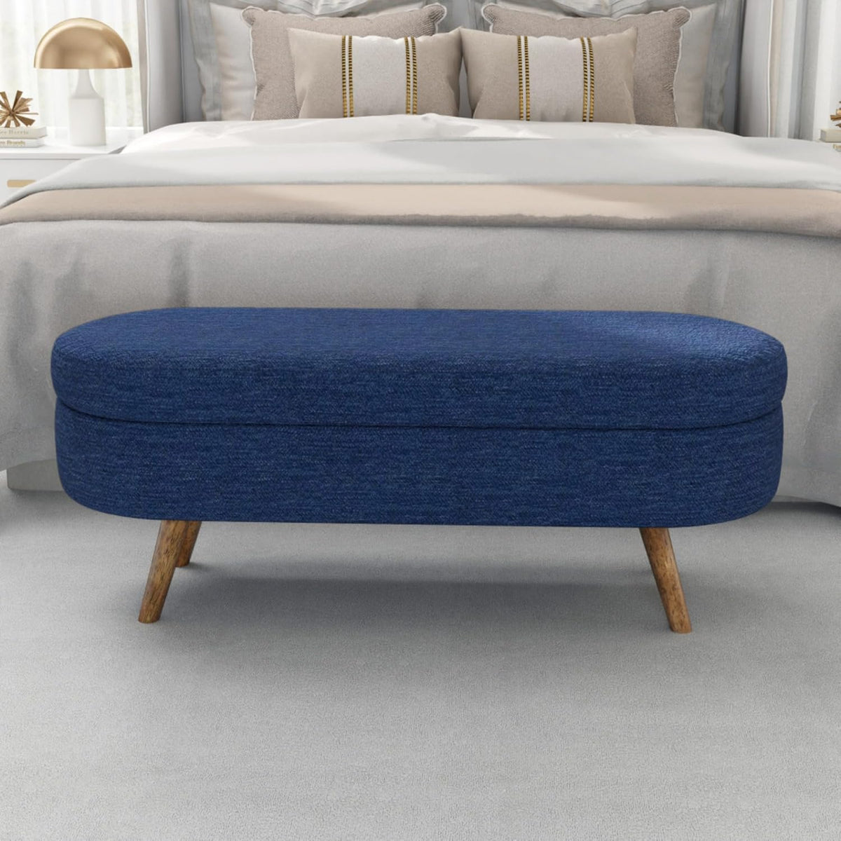 Oval Storage Ottoman Bench with Hidden Storage and Foam Padded Seat, Upholstered Entryway Footstool with Rubber Wood Legs, Decorative Bedroom End of Bed Accent Furniture for Living Room (Blue)