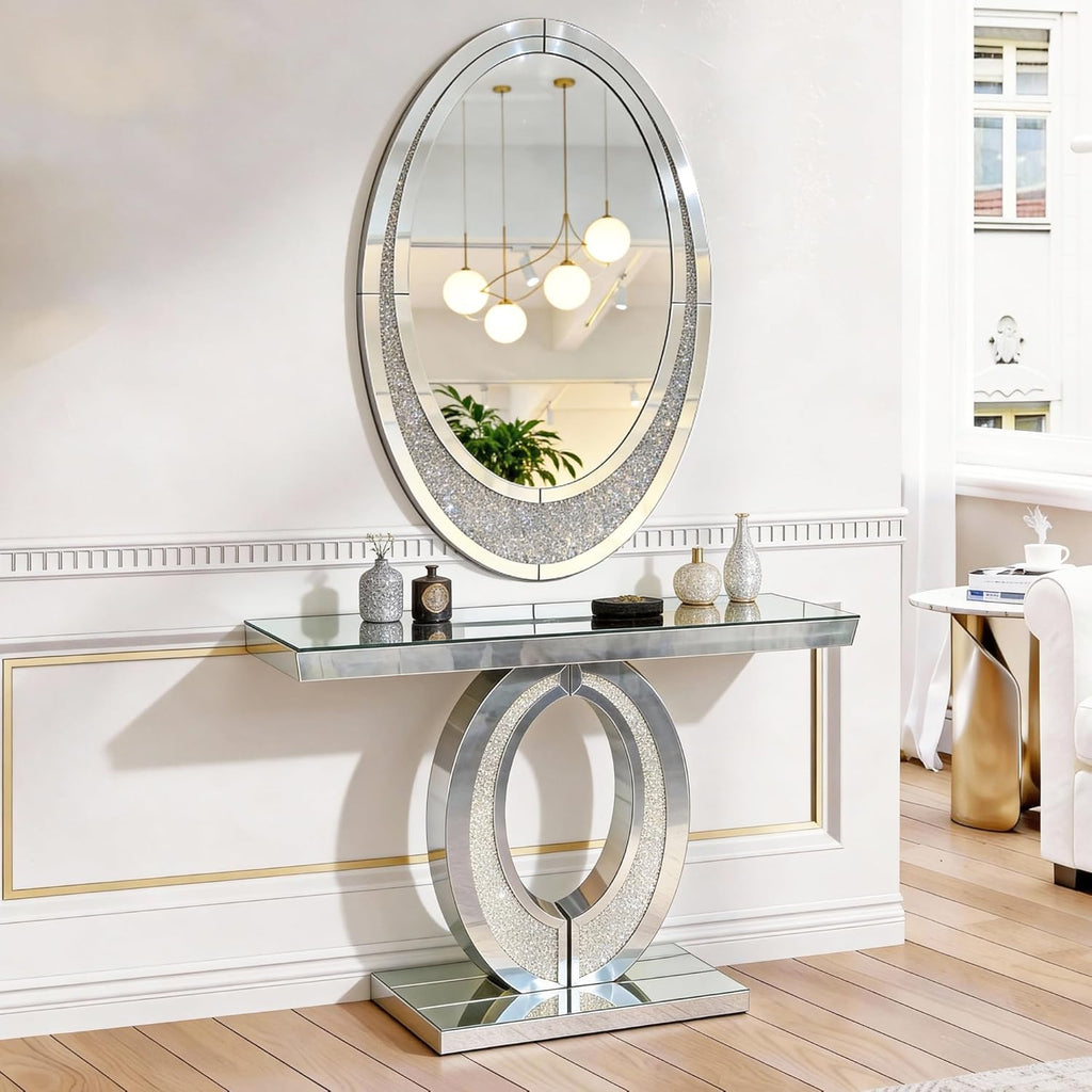 2 Piece Mirrored Console Table & Oval Wall Mirror Set, 39.5" Silver Entryway Sofa Table with Crystal-Inlaid Olive-Shape Base and Crush Diamond Round Wall Mirror Set for Entryway Hallway Entrance