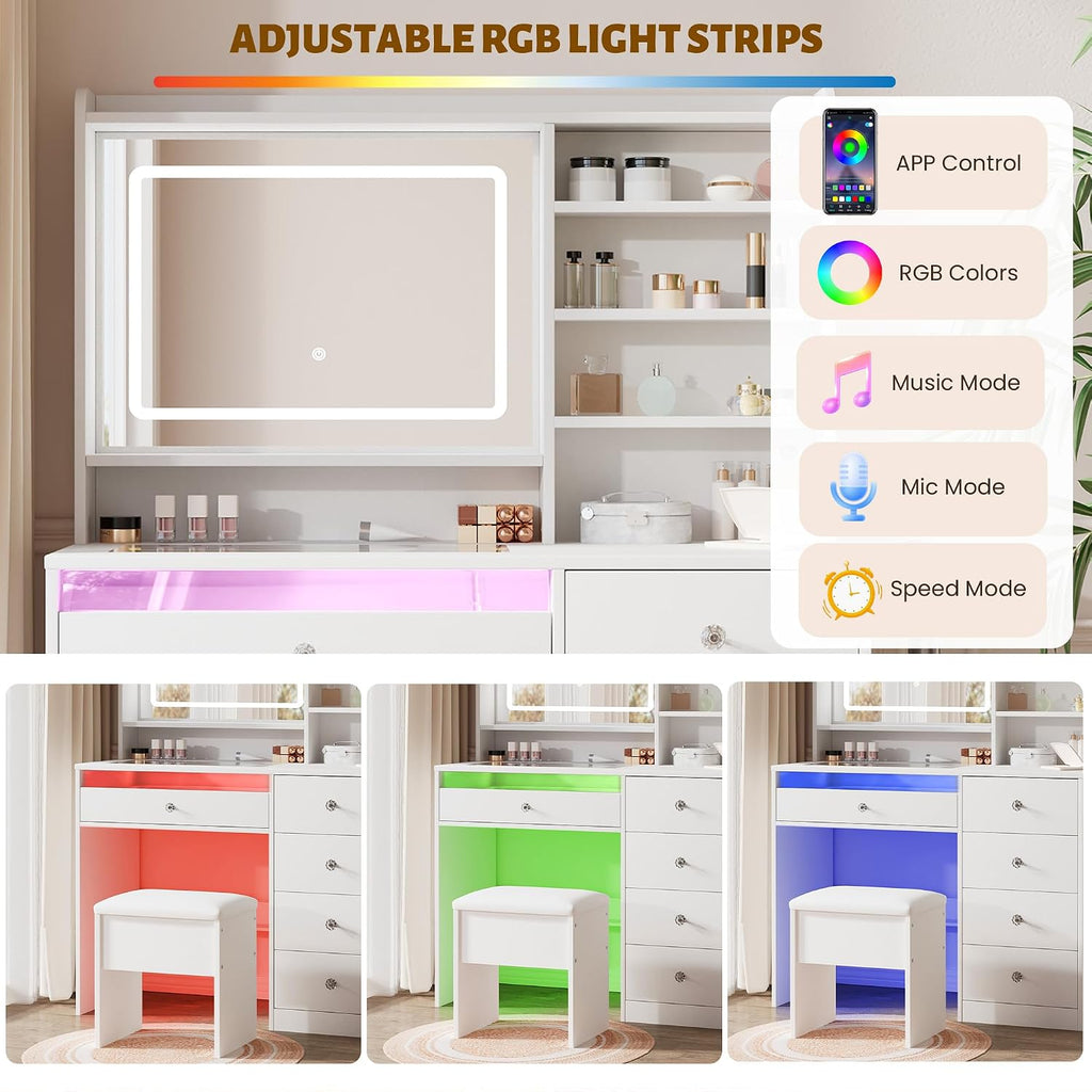LIVELYGLOW 39.4" White Vanity Desk Set with Glass Desktop & RGB Light Strip | Smart LED Mirror, Charging Station, Cushioned Stool, Hairdryer Rack, 4 Drawers