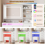 LIVELYGLOW 39.4" White Vanity Desk Set with Glass Desktop & RGB Light Strip | Smart LED Mirror, Charging Station, Cushioned Stool, Hairdryer Rack, 4 Drawers
