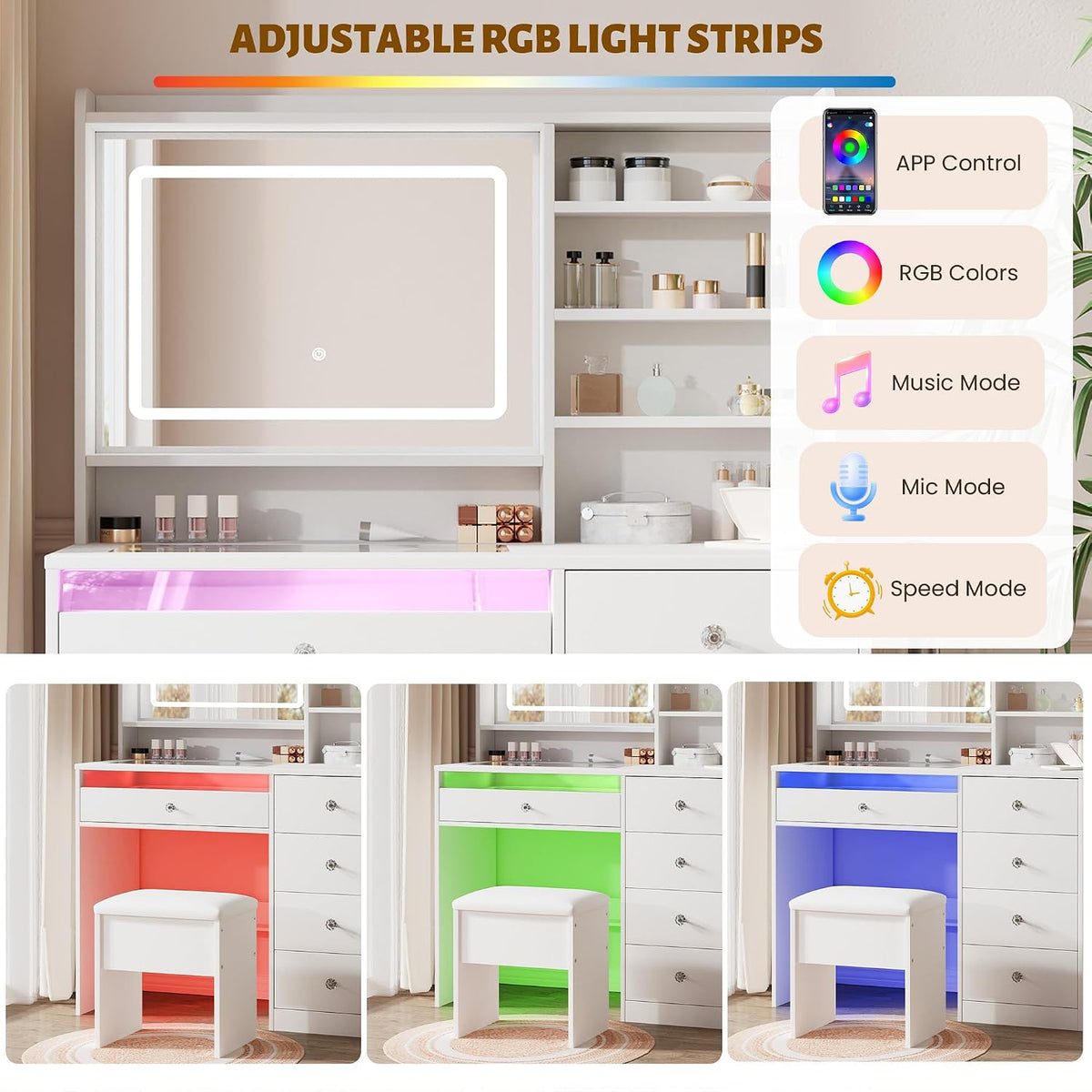 LIVELYGLOW 39.4" White Vanity Desk Set with Glass Desktop & RGB Light Strip | Smart LED Mirror, Charging Station, Cushioned Stool, Hairdryer Rack, 4 Drawers