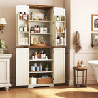 Yusong 72'' Farmhouse Kitchen Pantry Cabinet,Storage Cabinet with 4 Doors and Adjustable Shelves, Wooden Food Pantry Cupboard for Kitchen Dining Living Room Bathroom, Antique White with Wood Top