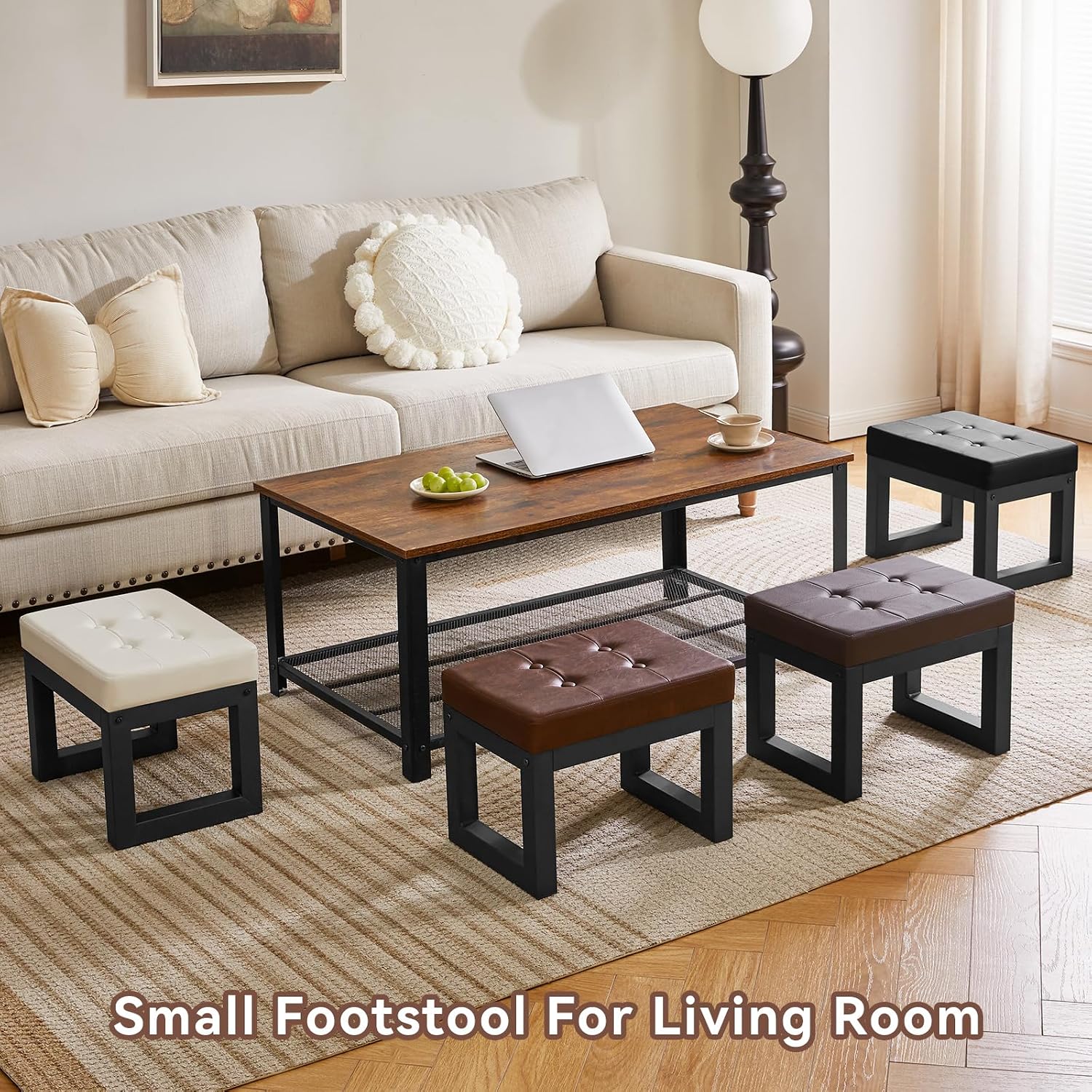 IBUYKE 16 Inch Small Foot Stool Ottoman, Rectangle PU Faux Leather Foot Rest with Padded Seat and Metal Legs, Modern Ottoman Foot Rest for Living Room Bedroom Entryway Couch,White WBD026W
