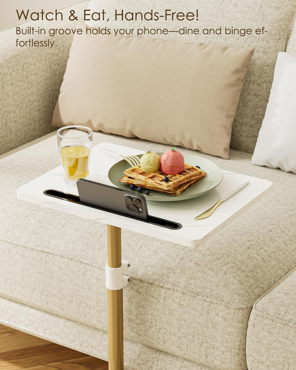 Masupu Sofa Arm Tray Table - 360° Swivel Height Adjustable End Table, Small Snack Side Table for Couch, C Shaped Table for Bed, Chair or TV Tray Table(Marble White and Gold)