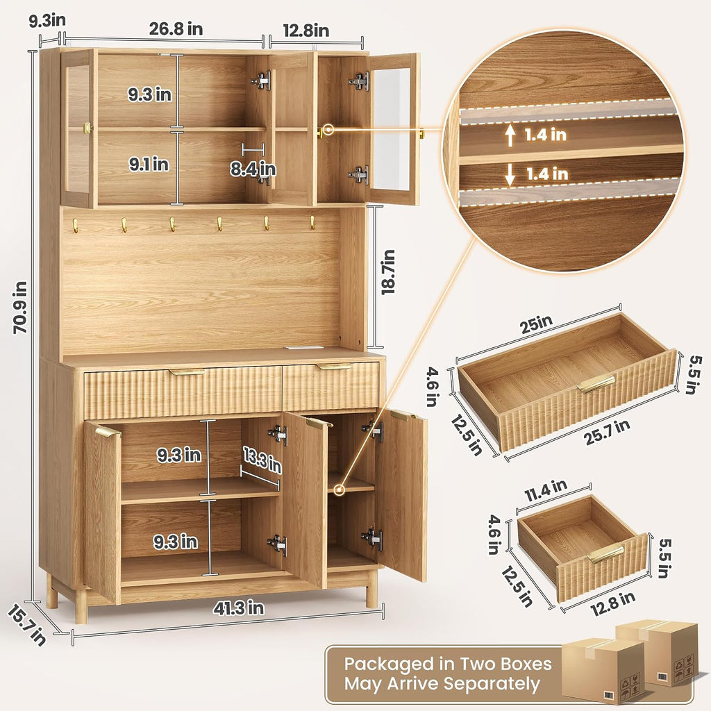 71'' Fluted Kitchen Pantry Cabinet with Power Outlet & LED Light, Food Kitchen Hutch with Countertop, Wood Pantry Storage Cabinet with a Drawer & Shelves for Living Room, Dining Room, Natural