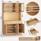 71'' Fluted Kitchen Pantry Cabinet with Power Outlet & LED Light, Food Kitchen Hutch with Countertop, Wood Pantry Storage Cabinet with a Drawer & Shelves for Living Room, Dining Room, Natural