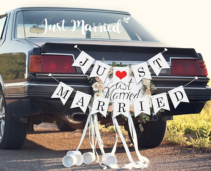 Tallew 4 Sets Just Married Car Decorations Ornate Magnets 12 x 7.5, Wedding Day Car Window Decals 5.1 x 22.4, Just Married Sign Banner Decorations for Honeymoon Wedding