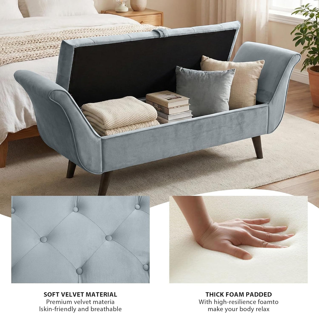 Velvet Bench for Bedroom End of Bed, 60.5 inch Upholstered Button Tufted Ottoman Bench with Rolled Arms, Button-Tufted Ottoman for Living Room, Entryway (Light Grey)