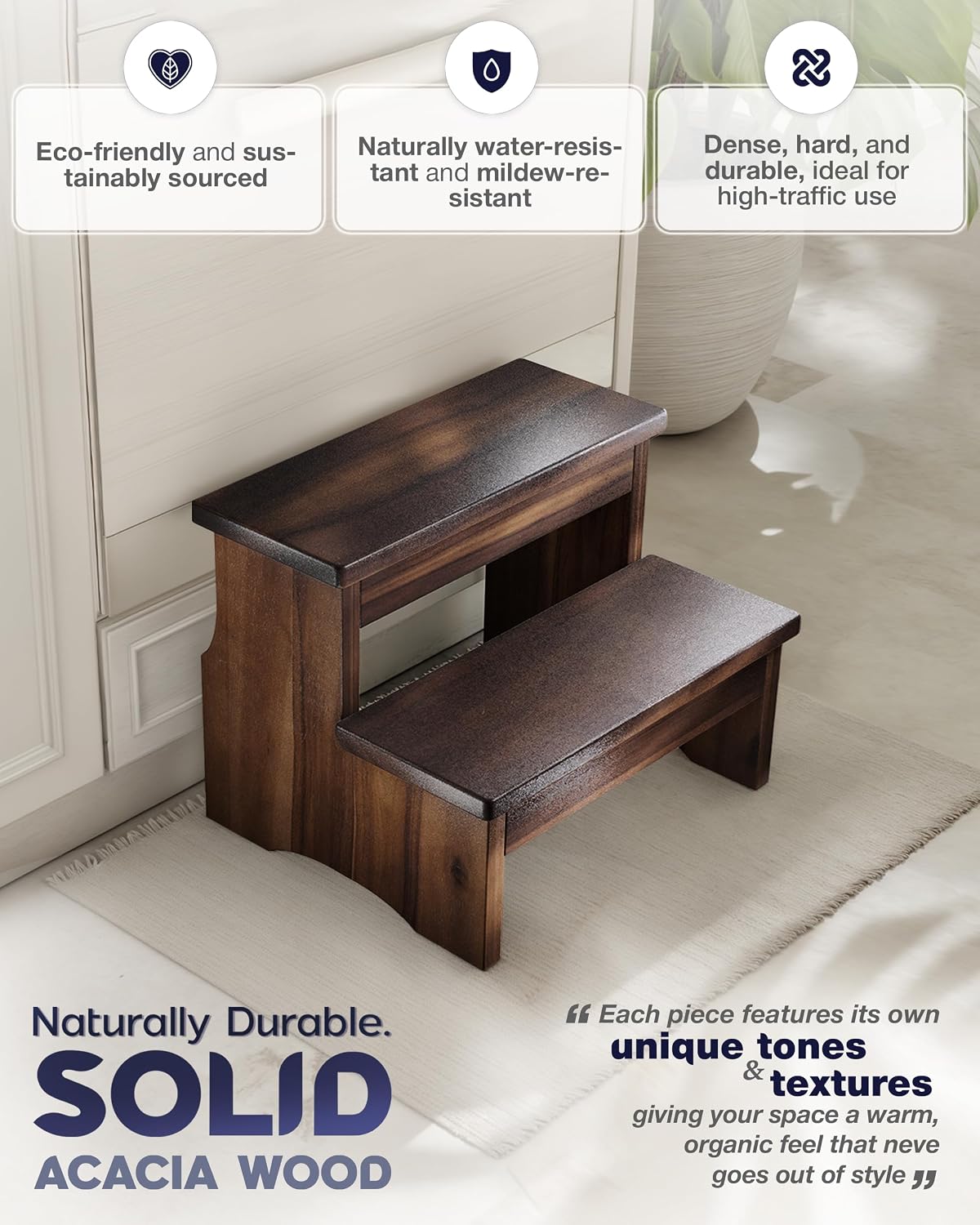 FANATU Wooden Two Step Stool for Adults, Heavy Duty Acacia Wood Bed Step | Compact Bedside Step Stool For Kitchen And Bathroom With Non-Slip Floor Pads, Walnut Finish, Supports Up To 450 Lbs