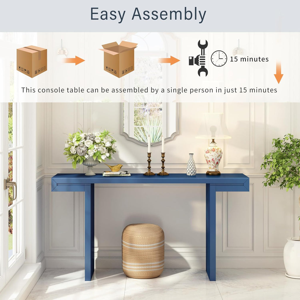 Quarte 60-Inch Modern Console Table with Geometric Clean Lines Design, Spacious Entryway Table for Hallway, Living Room & Office (Navy Blue/60)