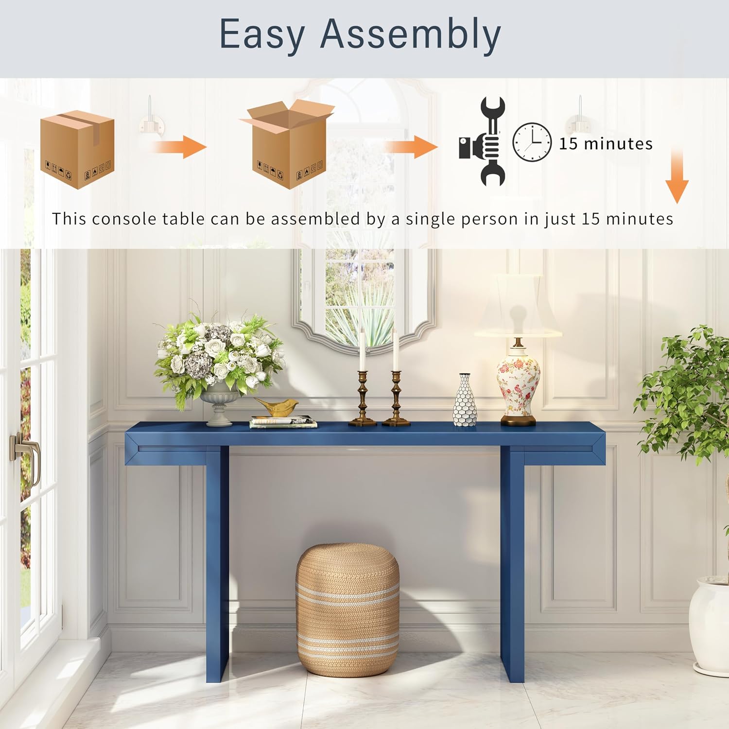 Quarte 60-Inch Modern Console Table with Geometric Clean Lines Design, Spacious Entryway Table for Hallway, Living Room & Office (Navy Blue/60)