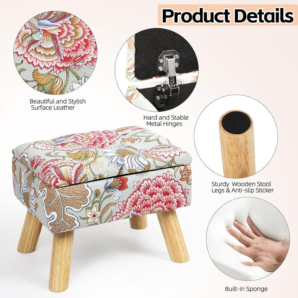 Small Storage Ottoman with Wood Legs, Boho Floral Upholstered Footrest | Hidden Storage Ottoman: Removable Lid Stores Blankets, Toys And Remotes; Doubles As A Footrest Stool