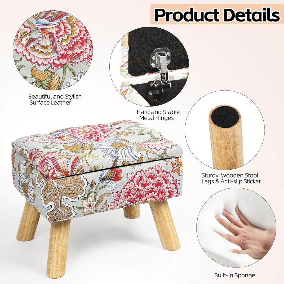 Small Storage Ottoman with Wood Legs, Boho Floral Upholstered Footrest | Hidden Storage Ottoman: Removable Lid Stores Blankets, Toys And Remotes; Doubles As A Footrest Stool
