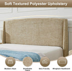 VELOCAVA Queen Storage Bed Frame with Curved Wingback Headboard, Linen-Look Upholstered Platform Bed Frame with 4 Pull-Out Drawers, Wood Slat Support, No Box Spring Needed, Beige