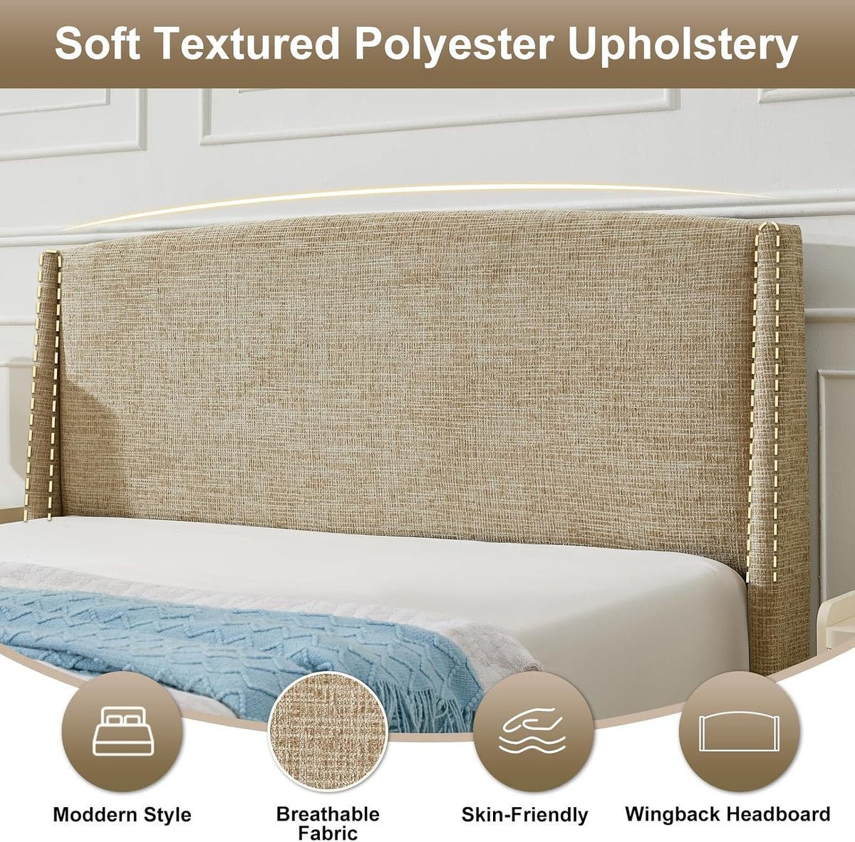 VELOCAVA Queen Storage Bed Frame with Curved Wingback Headboard, Linen-Look Upholstered Platform Bed Frame with 4 Pull-Out Drawers, Wood Slat Support, No Box Spring Needed, Beige