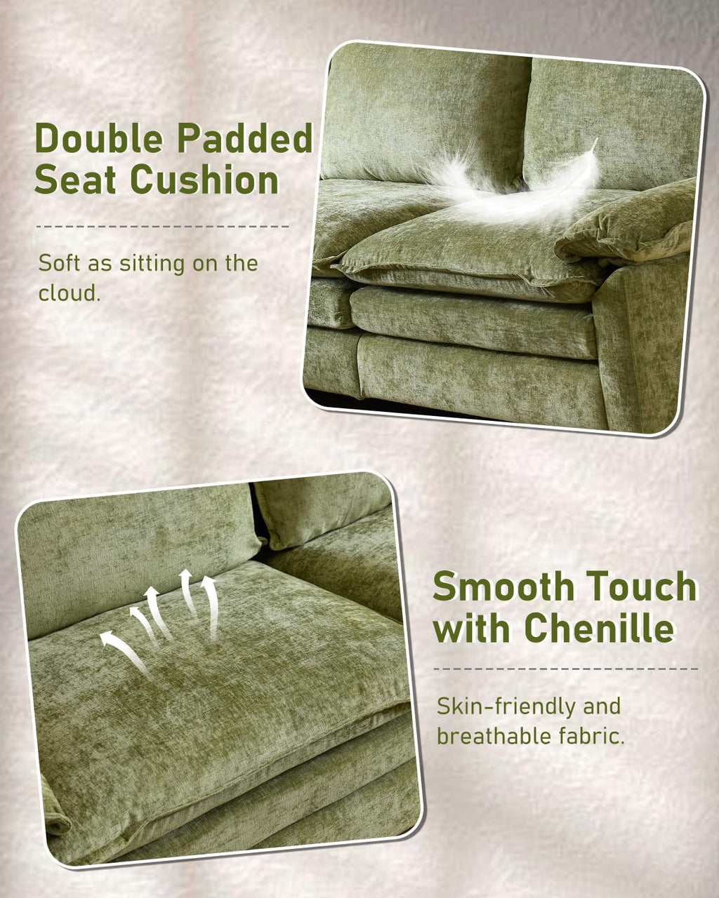 Karl home 122" 3-Seat L-Shaped Sectional Couch, Green | Movable Ottoman, Chenille Upholstered, Dual Padded, Wide Armrests, Washable Covers, For Living Room, Apartment, Office