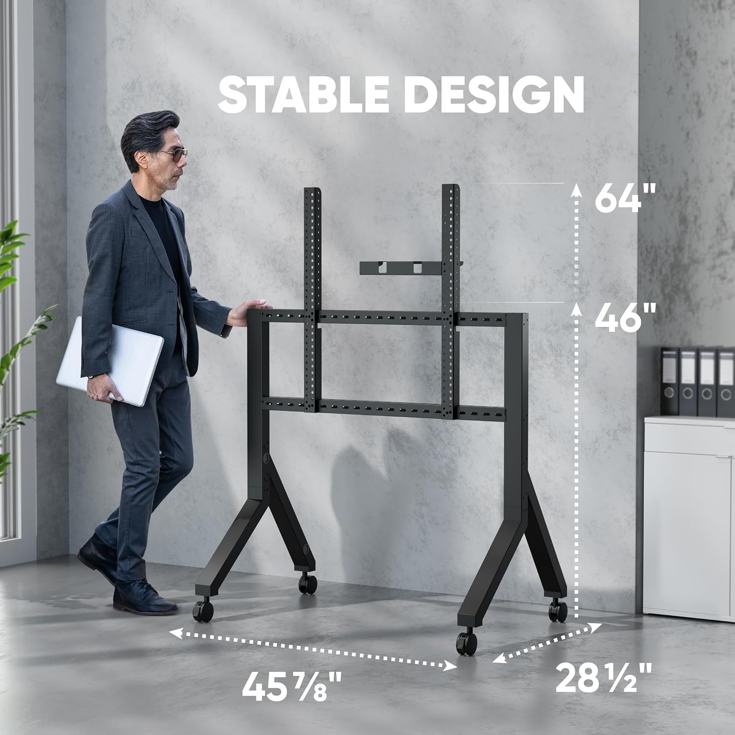 ONKRON Mobile TV Stand 70-110 Inch, up to 266 lbs, max VESA 1000x800, Black | TV rolling cart with 9.9 lb shelf, cable channels, locking wheels, wide base; for universities, offices & trade show events