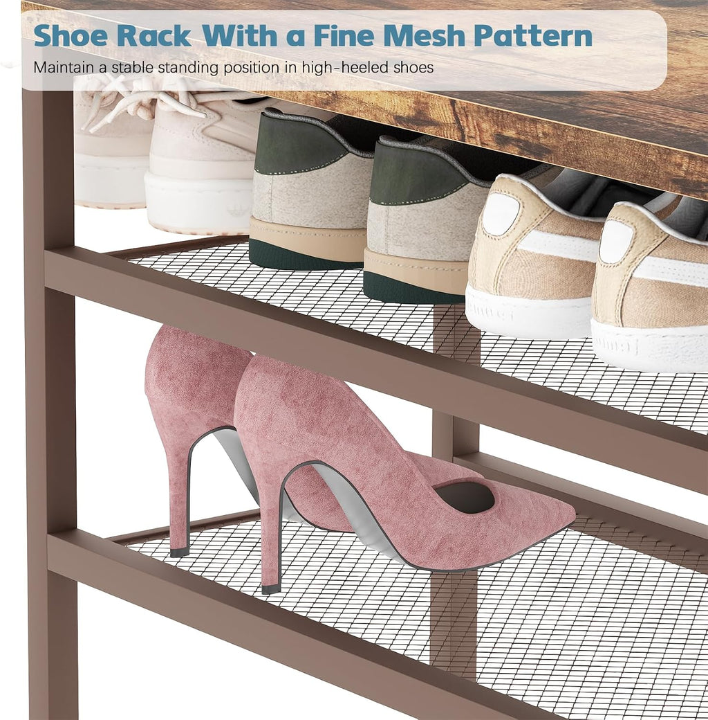 Shoe Rack Bench for Entryway 3-Tier, Free Standing Shoe Racks with Seat Cushion, Narrow Shoe Storage Shelf with Boot Organizer, Shoe Rack for Small Spacesh with Wood Bench (Brown+Brown)