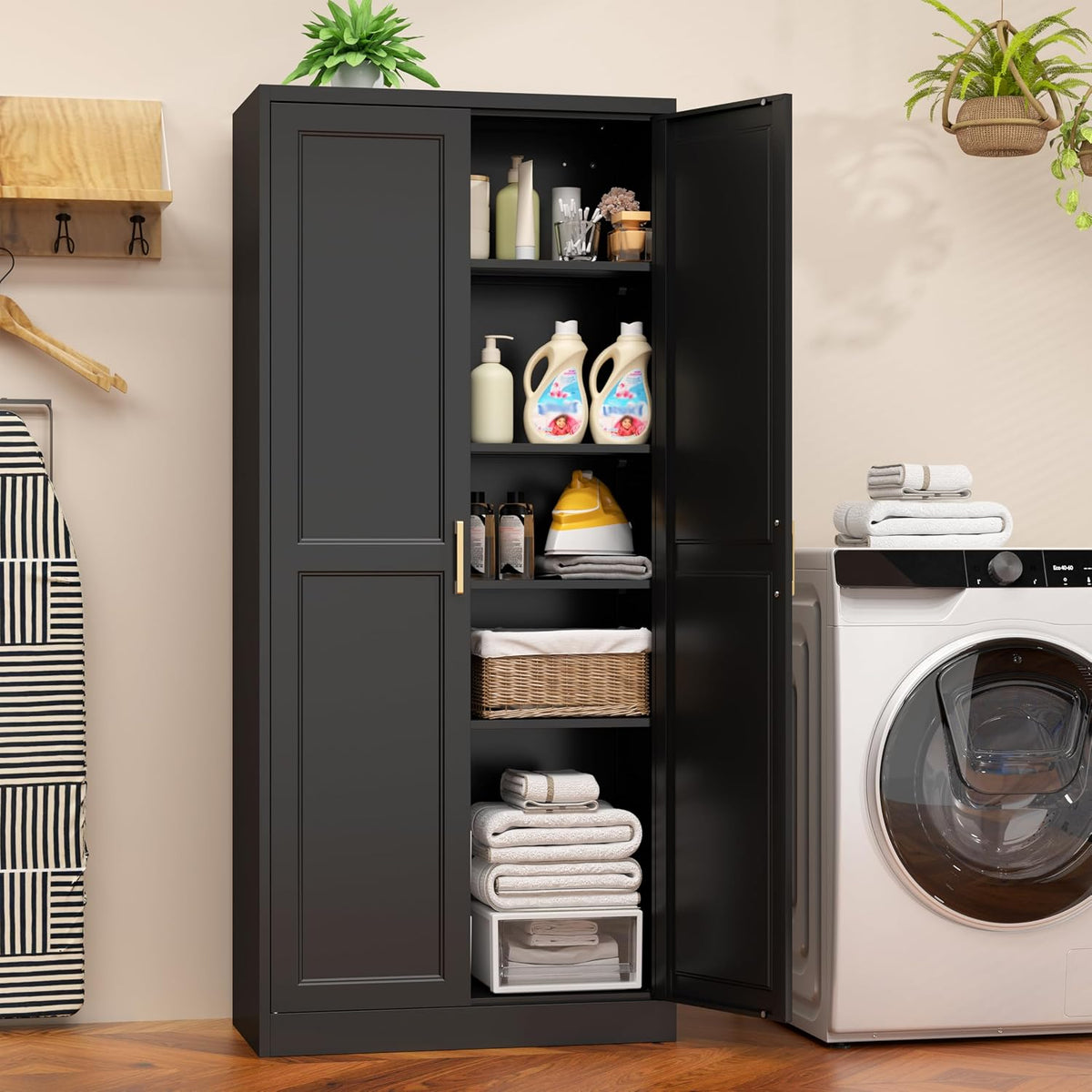 71" Tall Metal Pantry Cabinet, Black Kitchen Pantry Storage Cabinet with 4 Adjustable Shelves and Gold Handles, Cupboard for Kitchen, Dining Room, Living Room, Bathroom