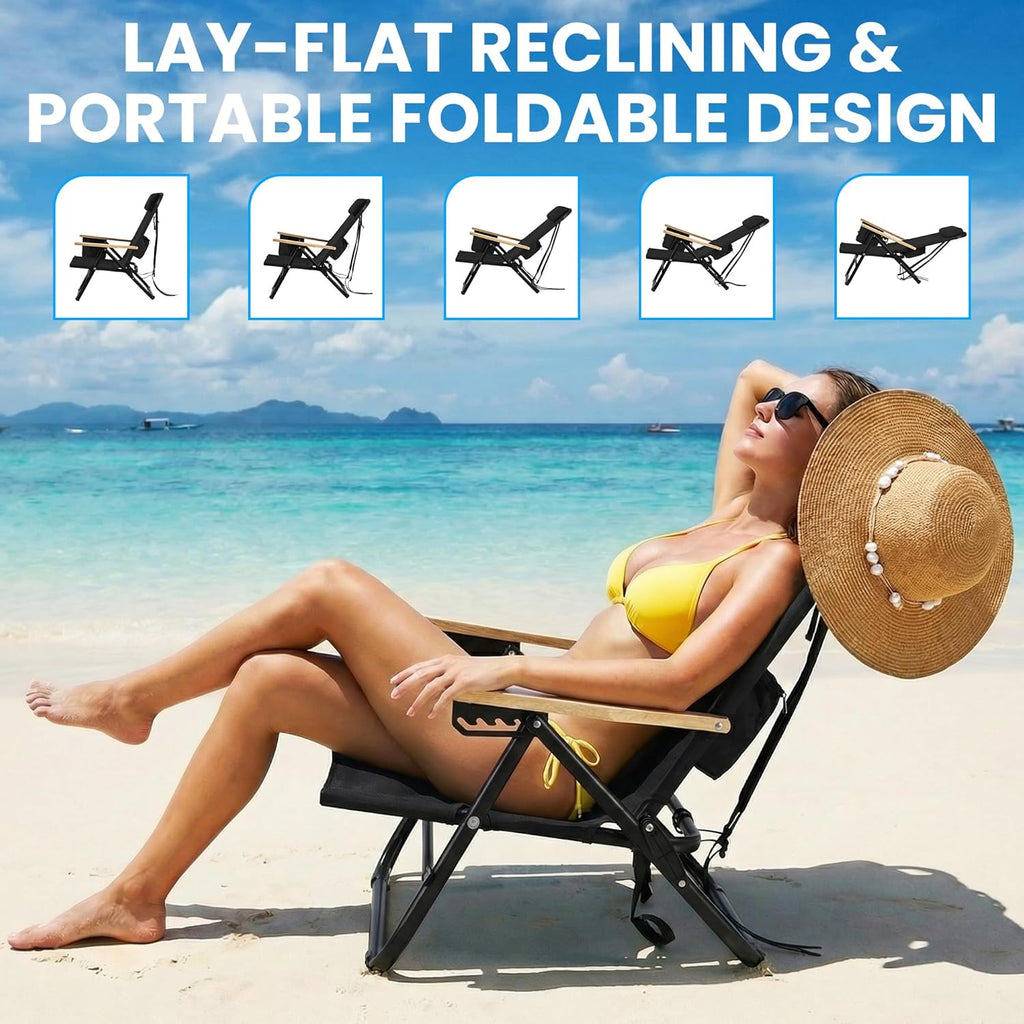Cansky Portable Beach Chair for Adults, Outdoor Lightweight Camping Chair with Wooden Desgin Armrests, 5-Position Reclining Flat Lay, Cup Holder, Zipper Pouch, Backpack Design, No Towel Rack, Black