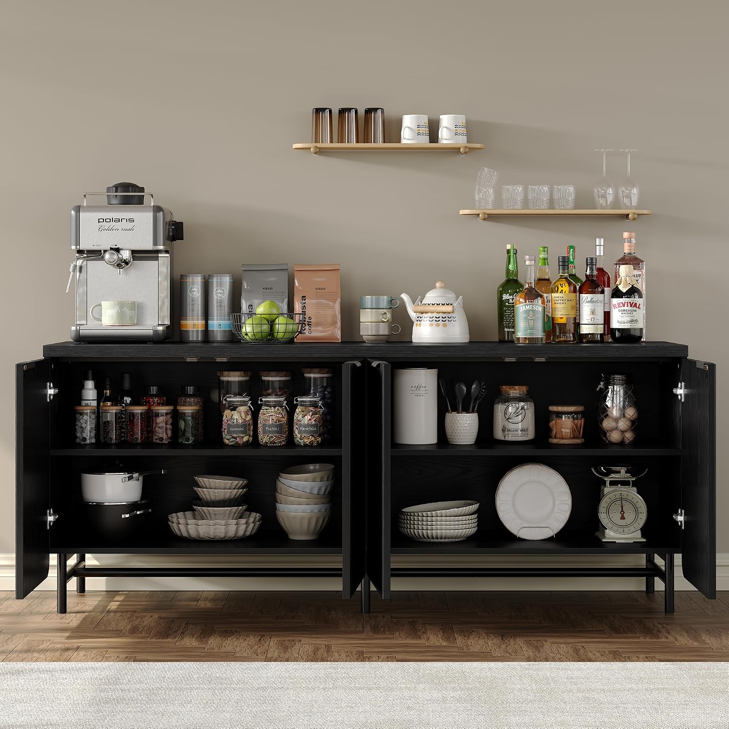 Furniouse 66.2''W Large Fluted Buffet Cabinet with 4 Doors & Shelves Wood Sideboard Buffet Table Storage Cabinet Modern Accent Console for Living Room, Black