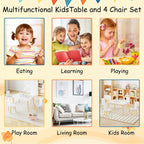 Table & 4 Chairs Set is for Boys Girls, 5-Piece Wooden Activity Table Set with Solid Wood Legs, Boys Girls Play Table & Chair Set for Drawing, Reading, Learning & Dining, White+Natural