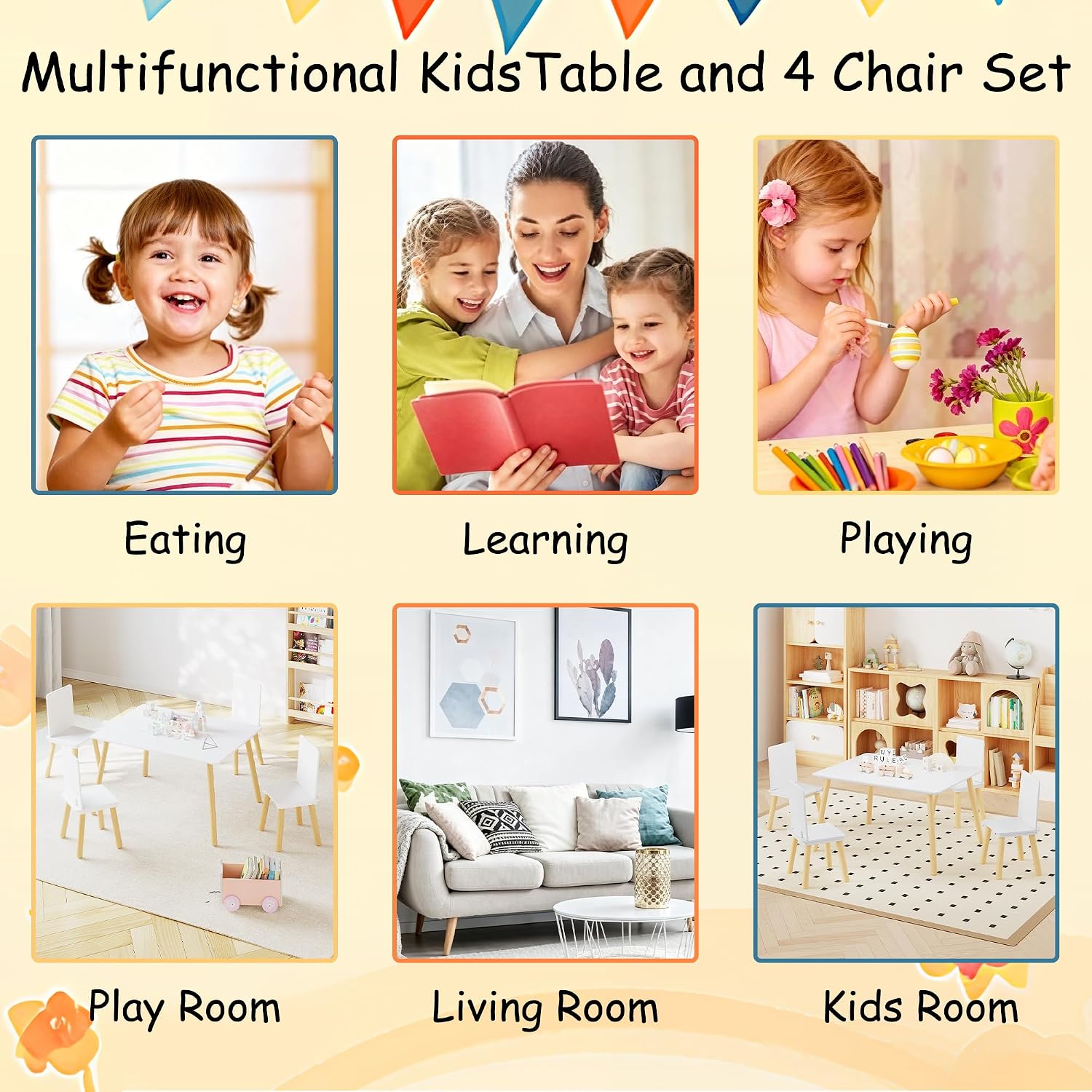 Table & 4 Chairs Set is for Boys Girls, 5-Piece Wooden Activity Table Set with Solid Wood Legs, Boys Girls Play Table & Chair Set for Drawing, Reading, Learning & Dining, White+Natural