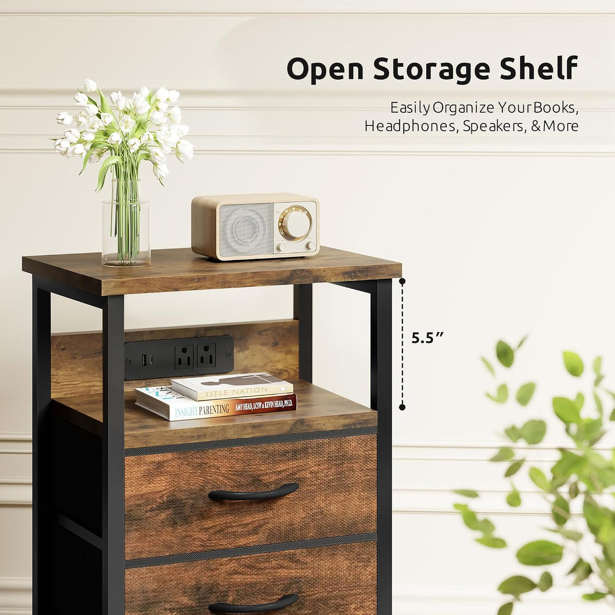 Lazzanto Night Stand with Charger Station for Bedroom, Brown Nightstand | Bedside Table, Open Shelf, 2 Fabric Drawers, Built in USB-A, USB-C Port & AC Outlets, For Dorm, Living Room, Bedroom