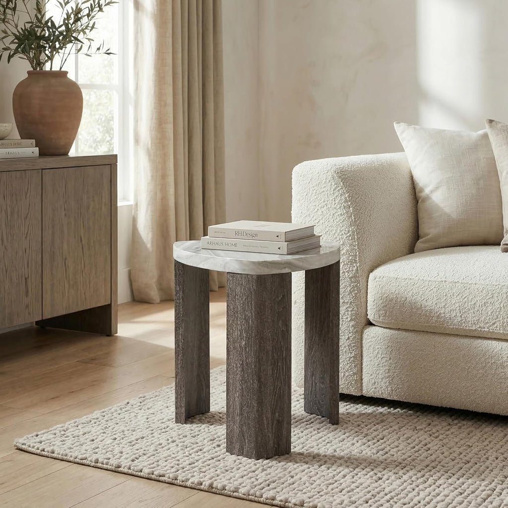 Furniture of America Toralle Modern Solid Wood 24-inch Triangle End Table with Replicated Marble Top for Living Room, Gray