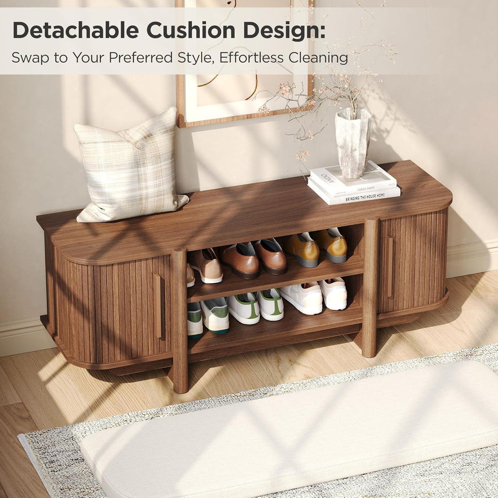 Maupvit Entryway Shoe Storage Bench with Sliding Doors, 2-Tier Upholstered Shoe Rack Bench with Hidden Storage, Wooden Shoe Organizer with Padded Cushion for Hallway, Mudroom, Bedroom, Walnut Finish