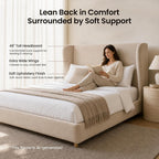 ModernMate Queen Upholstered Bed Frame, 47" Tall Wingback Headboard, Beige