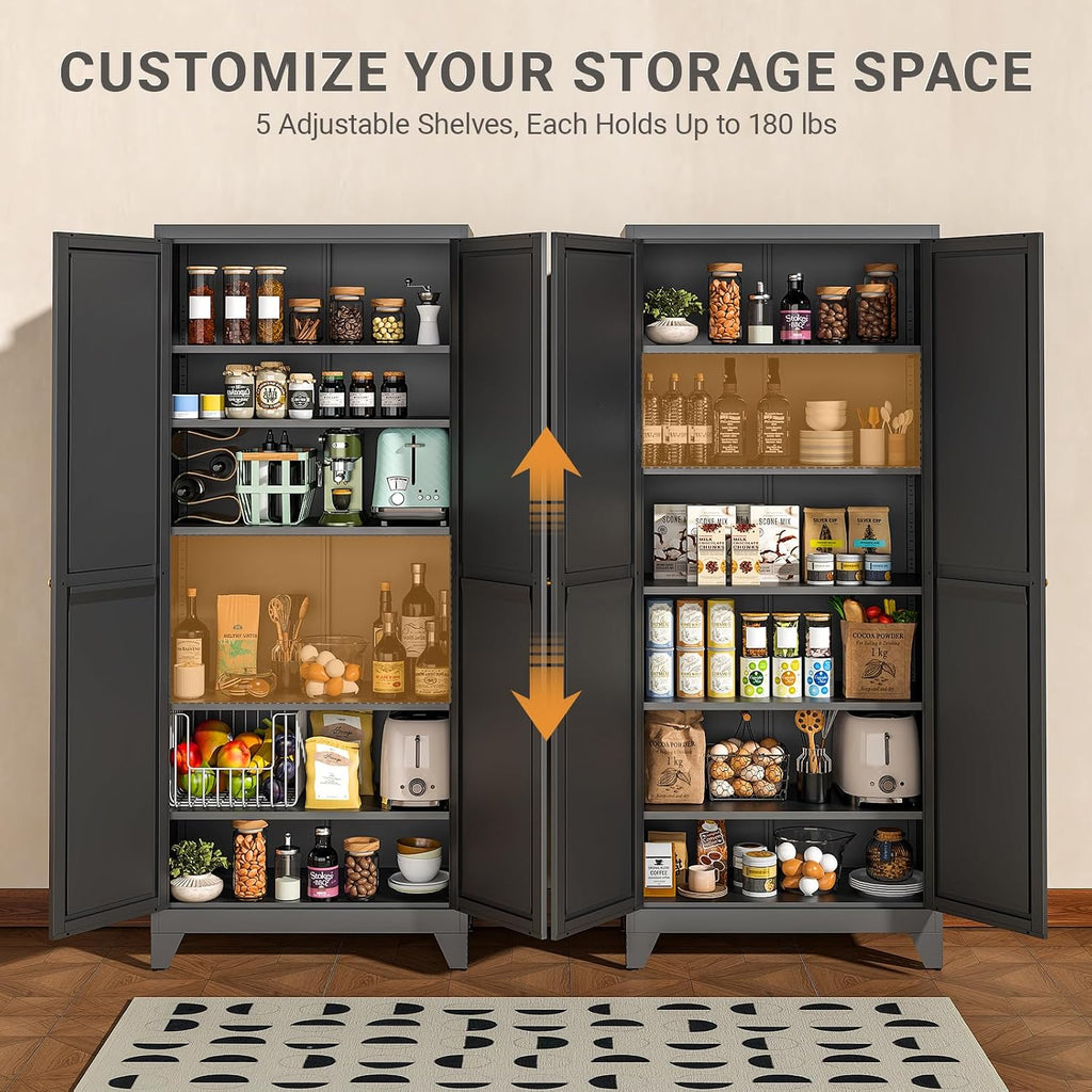 75" Metal Kitchen Pantry Cabinet with Dual Opening Design, Tall Storage Cabinet with Large Capacity, Freestanding Cupboard,Ideal for Small Space Organization, Black