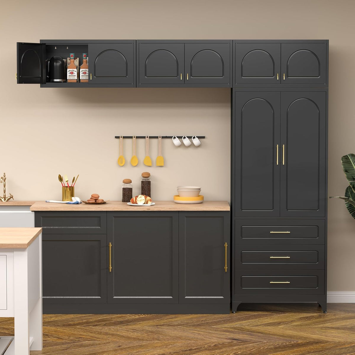 Polup Kitchen Pantry Cabinet with 3 Drawers, 90" Tall Metal Storage Cabinets with Doors and Shelves, Food Cupboards for Dining, Living Room, 16" D x 32" W x 90" H, Black, Assembly Required
