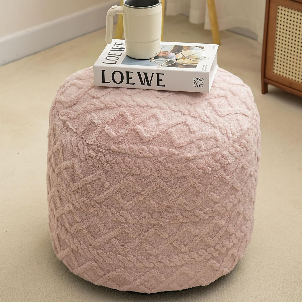 Round Stuffed Pouf Ottoman, Corduroy Poufs with Foam Chunk Filling, Furry and Fluffy Pouf Foot Stool Storage Pink 26"