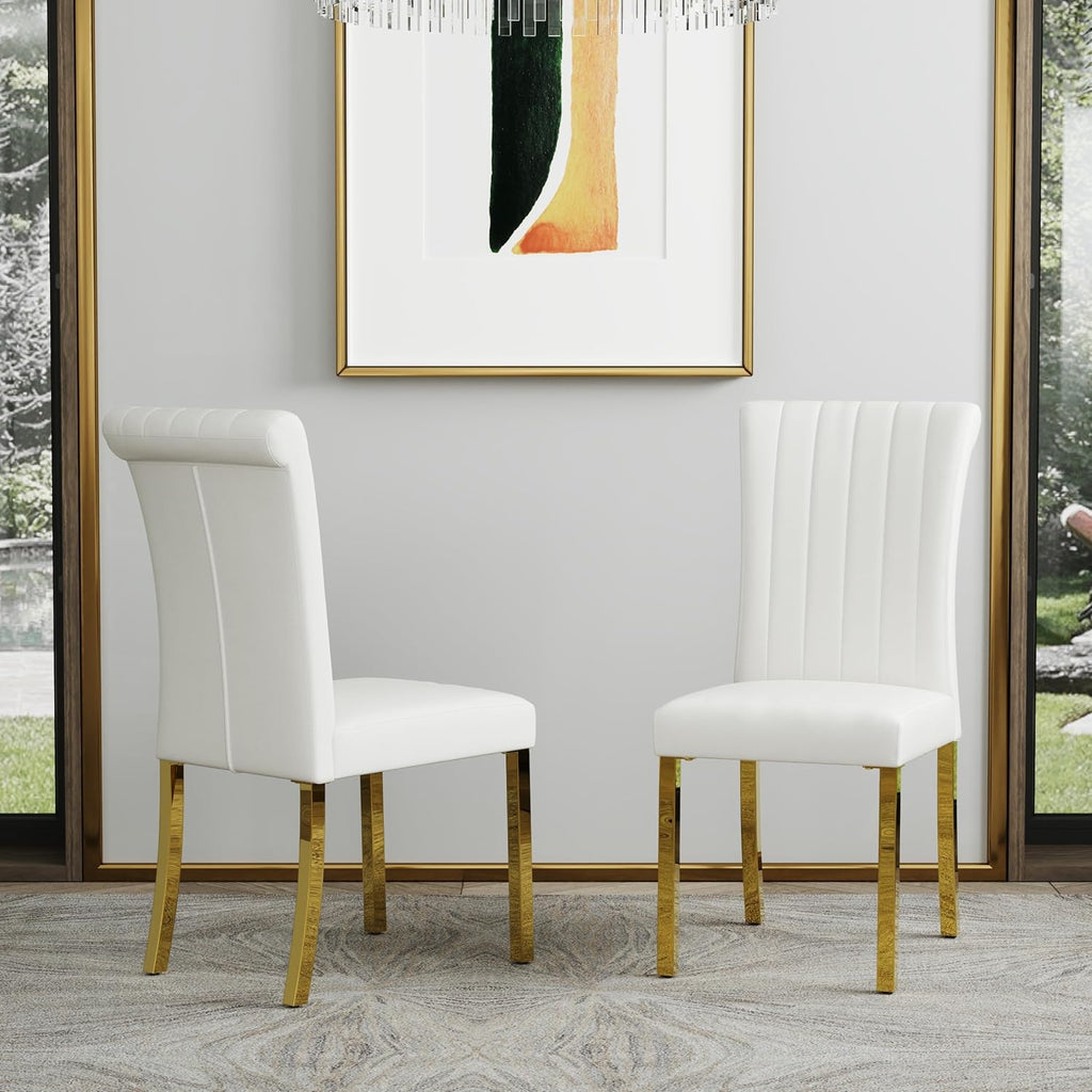 ACEDÉCOR Dining Table Set for 4, 5-Piece White and Gold Dining Set with 4 Faux Leather Dining Chairs, Modern Luxury Dining Room Table Set with Stainless Steel U-Shaped Base
