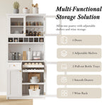 35” Wide Kitchen Hutch with Countertop, Farmhouse Pantry Cabinet with Microwave Shelf | Glass Doors | Wine Rack | Bottle Trays | Drawer, Wooden Structure (White)