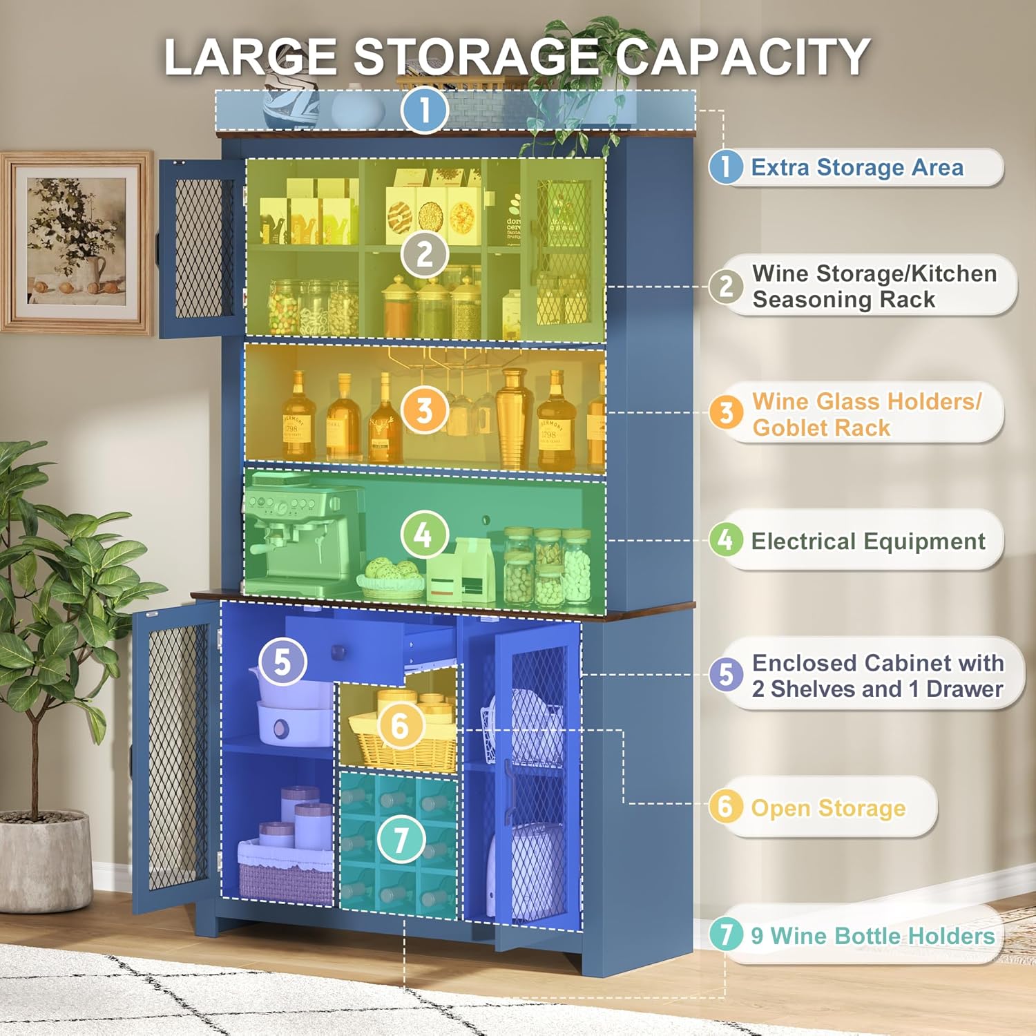 70.9” Farmhouse Kitchen Pantry Cabinet with LED Light & Power Outlets, Rustic Buffet Hutch with Wine Rack Glass Holder Drawer and Adjustable Shelves for Dining Room Coffee Bar Blue
