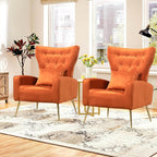Mid-Century Accent Chairs Set of 2, Wingback Chair with Arm & Gold Legs, Living Room Bedroom Side Chair with Lumbar Pillow, Velvet Upholstered, Button-Tufted, Orange