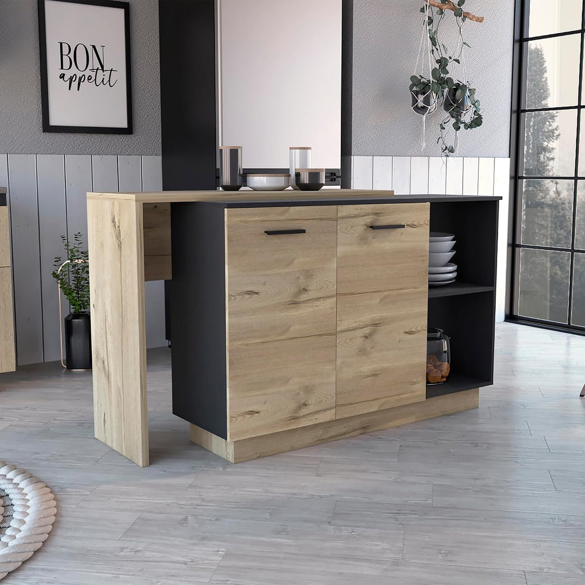 Kitchen Island Ohio - Modern Black and Light Oak Kitchen Island | Two open shelves and three interior shelves for storage and display