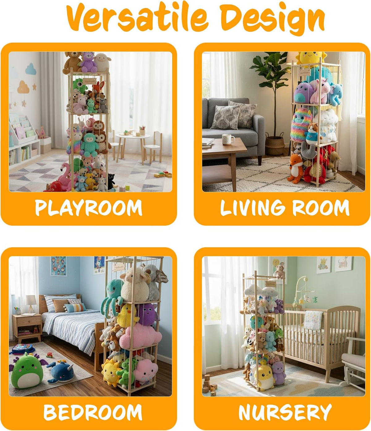 54-Inch Tall Stuffed Animal Storage Organizer - Premium Wooden Plush Toy Holder Zoo, Large Toy Storage Tower with Elastic Rope & Side Storage Bag for Kids Room, Nursery, Playroom, Corner (Sprinoak)