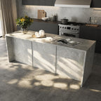 Homsee 94.5-Inch Large Kitchen Island with Storage, 6-Door Home Bar Table Kitchen Station with Seating, Wood Stationary Island Table Breakfast Counter for Dining Room, Grey with Marble Veneer