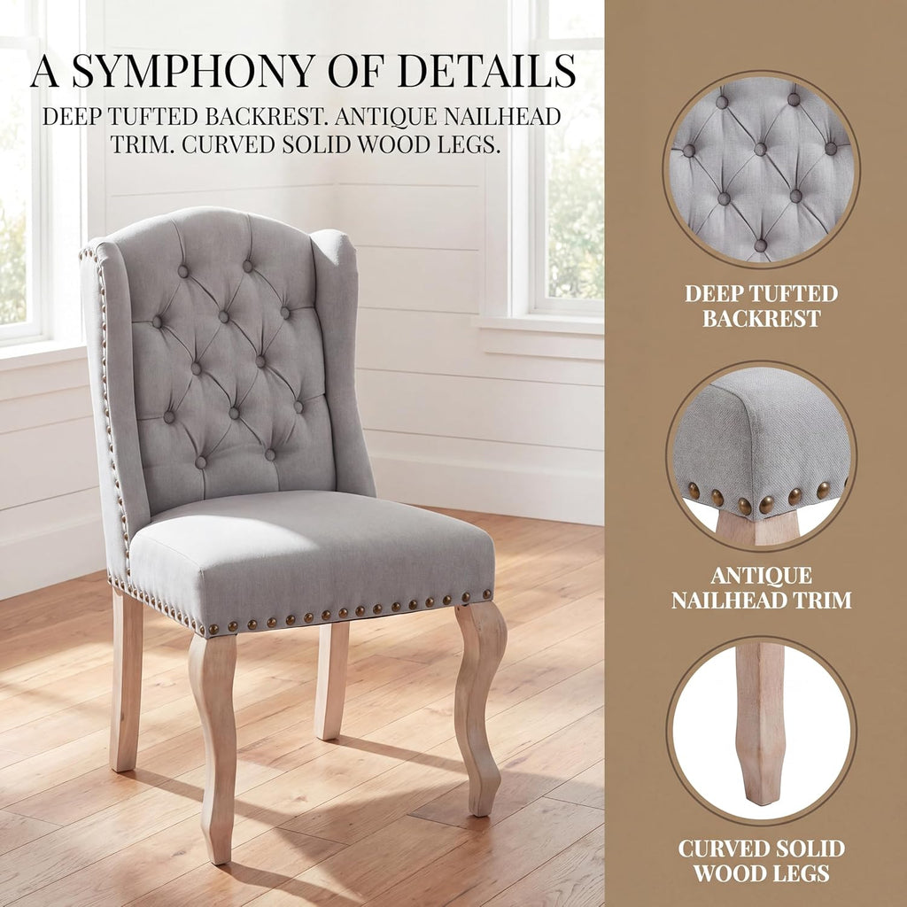 Parsons Dining Chairs Set of 2, Farmhouse High Back Chairs | Tufted Linen Upholstery, Solid Wood Legs, High Back for Kitchen & Dining Room,Grey