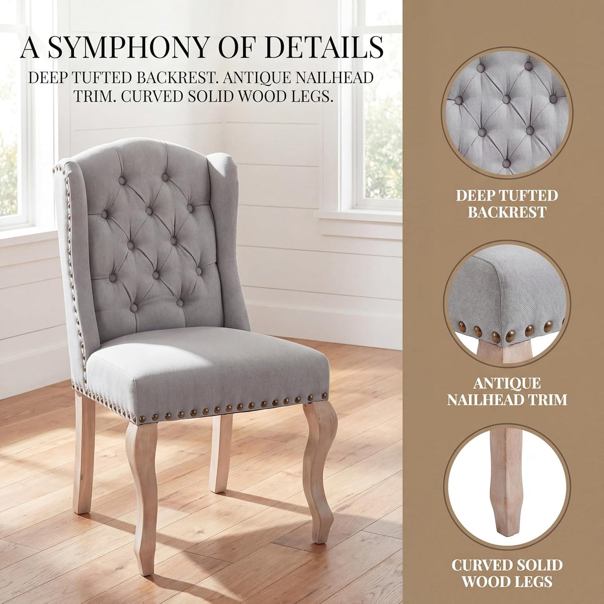 Parsons Dining Chairs Set of 2, Farmhouse High Back Chairs | Tufted Linen Upholstery, Solid Wood Legs, High Back for Kitchen & Dining Room,Grey