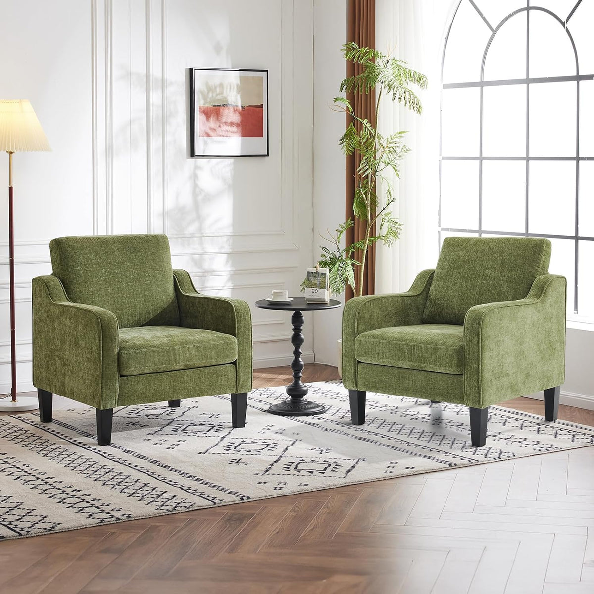 VINGLI Accent Chairs Set of 2, Modern Traditional Armchair for Living Room | Olive Green Reading Chair for Bedroom, Chenille Upholstered Sofa Chairs, Comfy Chair for Small Space, Apartment, Waiting Room