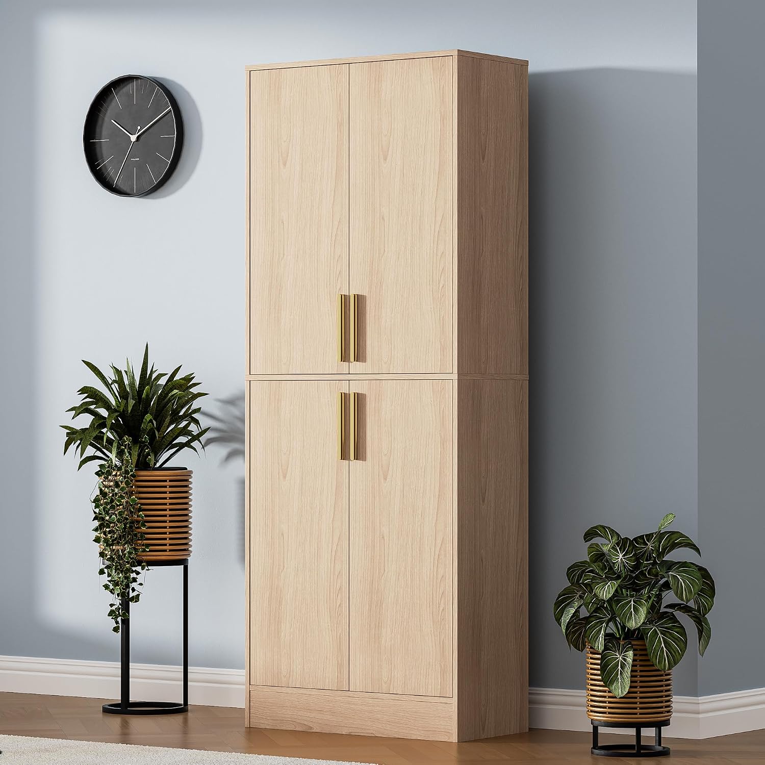 Housoul 71" Tall Pantry Cabinet with 4 Doors, Kitchen Pantry Storage Cabinet, Freestanding Larder Cupboard, Utility Kitchen Hutch with Gold Handles for Dining Room, Bathroom, Oak
