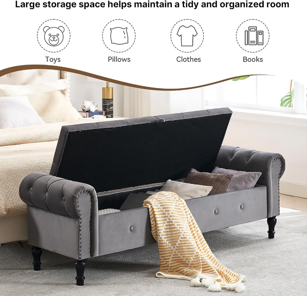 Storage Bench 67" Velvet End of Bed Benches Dark Grey | King Size Storage Bench for Bedroom with Rolled Arms Tufted Ottoman Benches Upholstered Bench for Living Room Entryway