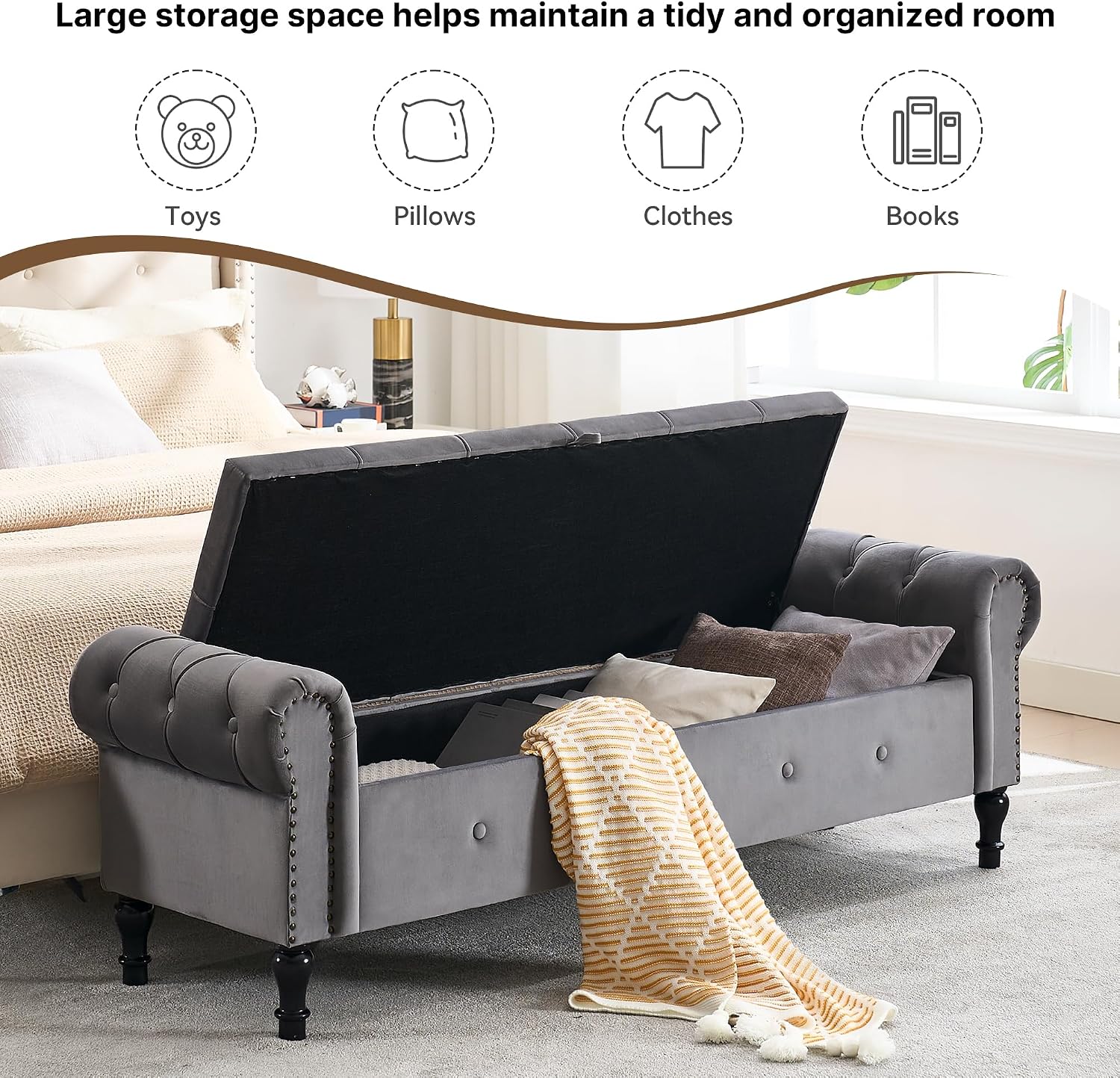 Storage Bench 67" Velvet End of Bed Benches Dark Grey | King Size Storage Bench for Bedroom with Rolled Arms Tufted Ottoman Benches Upholstered Bench for Living Room Entryway