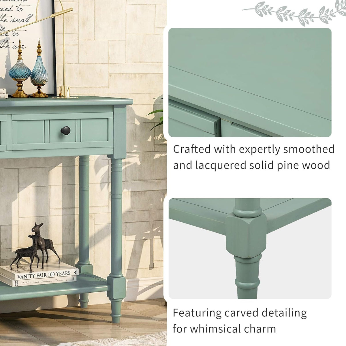 Knocbel Antique Entry Console Table with Drawers & Bottom Open Shelf, Wood Sofa Tables for Entryway Hallway Living Room, 35.43" W x 13.8" D x 30.25" H, Retro Blue